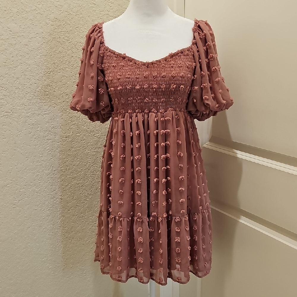 Chic Smocked Puff Sleeve Dress in Dusty Rose, Pink Sz M